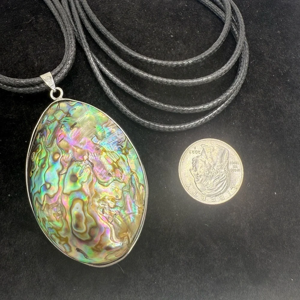 Large Rainbow Abalone Shell Pendant Necklace 18KGP Statement Piece - Picture 3 of 4